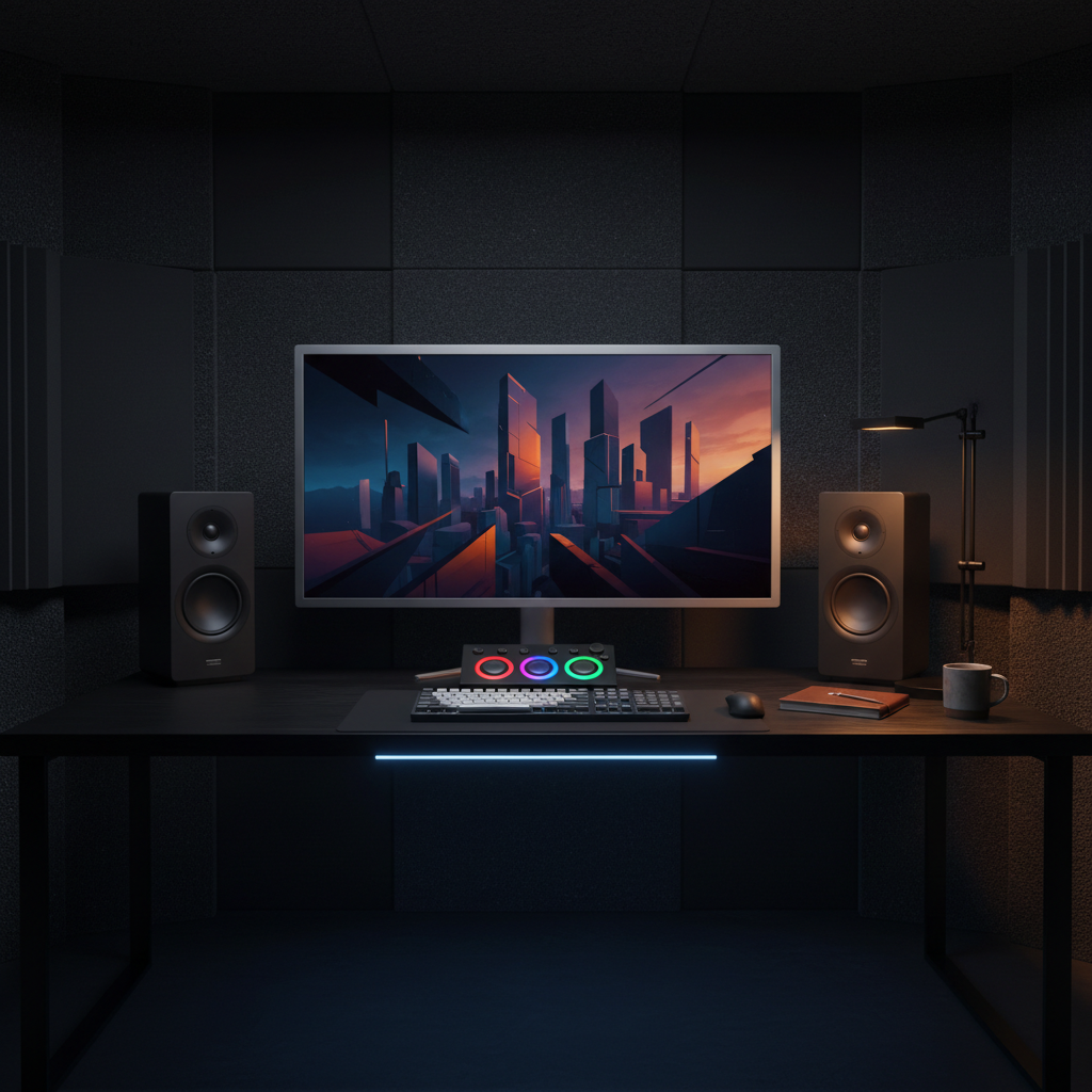 A minimalist editing suite featuring a slim, high-end monitor displaying a paused cinematic frame of an abstract cityscape, surrounded by dark charcoal walls and acoustic panels. On the black oak desk sit a backlit keyboard, a compact control surface with glowing color wheels, and a pair of sculpted studio monitor speakers with soft matte finishes. A subtle LED strip casts a cool blue underglow along the desk edge, while a single warm desk lamp adds a pool of amber light, creating a balanced, moody contrast. The composition is framed symmetrically from a slightly elevated angle, with crisp focus throughout. The atmosphere feels meticulously controlled, refined, and technologically advanced, evoking high-end post-production excellence in a cinematic, photorealistic style.